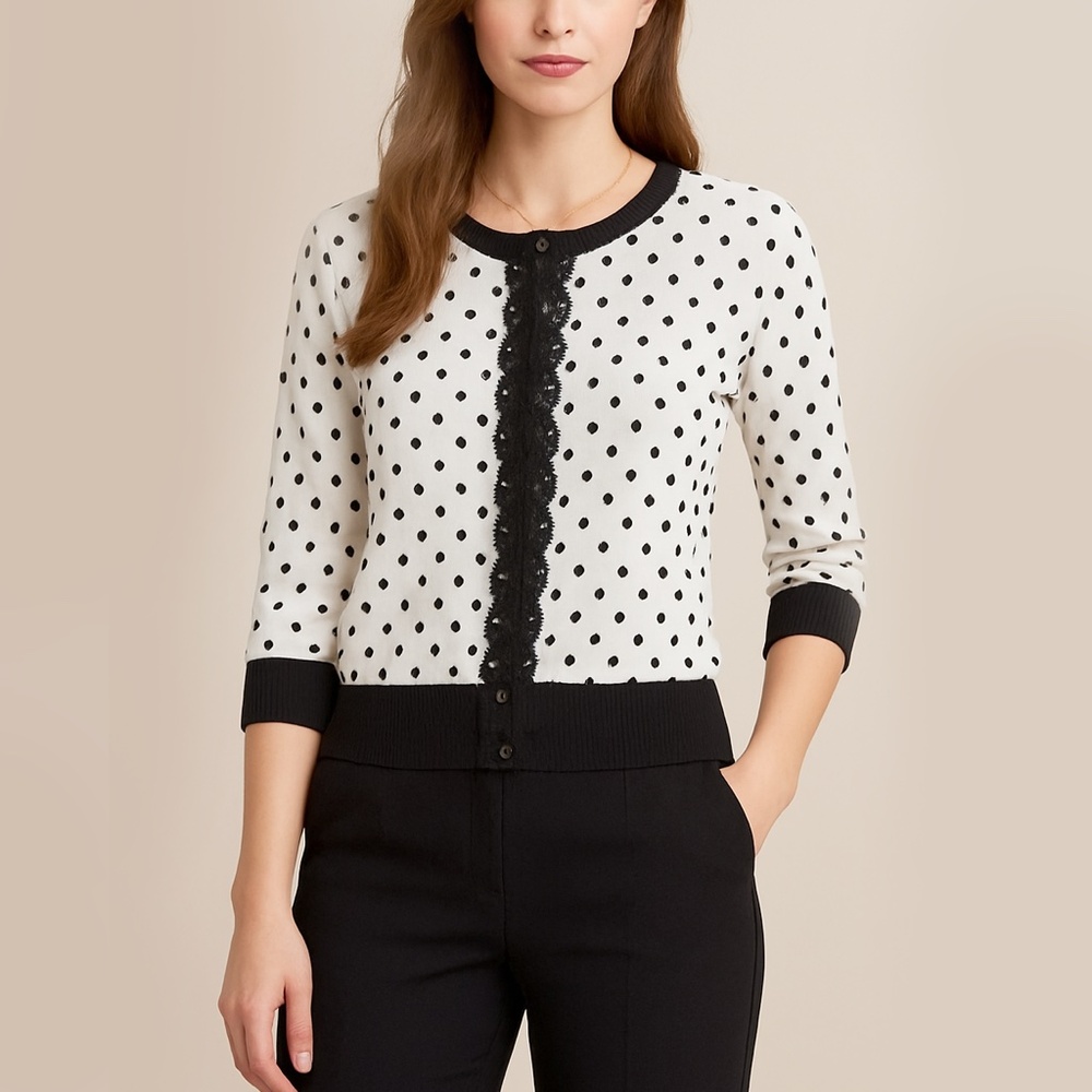Black and White Polka Dot Cardigan Sweater w/Lace Trim SZ S